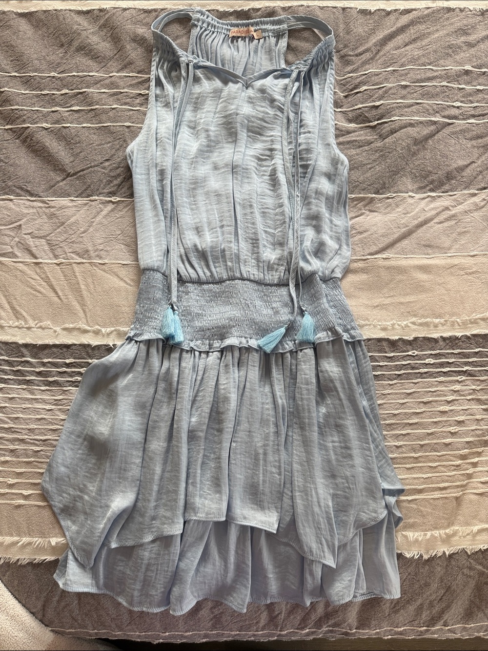 Light Blue Sleeveless Tiered Casual Dress with Tassel Ties